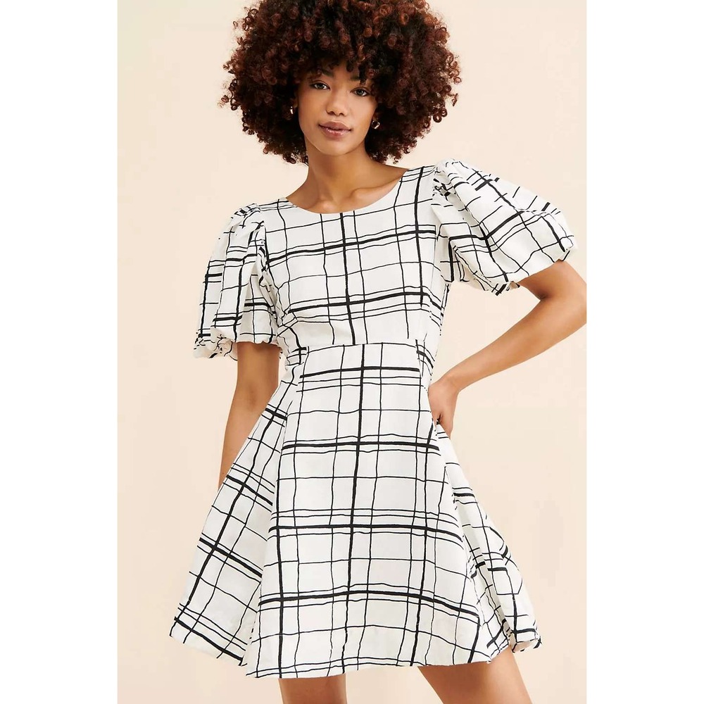Aureta Elle Mini Dress Anthropologie White Black Windowpane Grid Linen Blend L